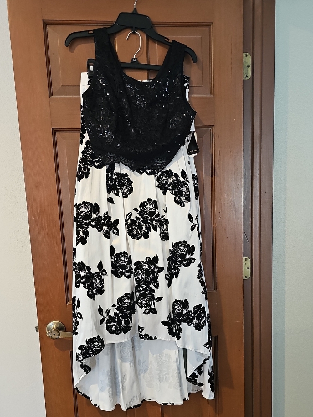 Black & White Floral High-Low Dress with Lace Bodice